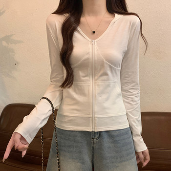 Thin Slim-Fit V-Neck Hooded Zip-Up Sports Jacket for Women, New Spring Korean Style Bamboo Cotton Long-Sleeve Sun-Protective Cardigan