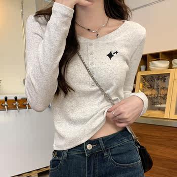 Petite Embroidered Ribbed Cotton Long-Sleeve T-Shirt for Women, New Autumn and Winter Korean Style Slim-Fit Base Shirt, Short Style for Layering