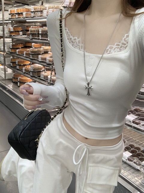 Pure Desire Style Lace Splicing Square Neck White Base Shirt for Women, New Spring and Autumn Korean Version Slim Fit Sexy Long-Sleeve T-Shirt for Women