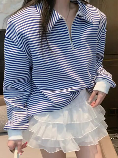 Korean Style Casual Half-Zip Polo Collar Striped Long-Sleeve Sweatshirt for Women, Early Autumn New Sweet Cake Puffy Skirt