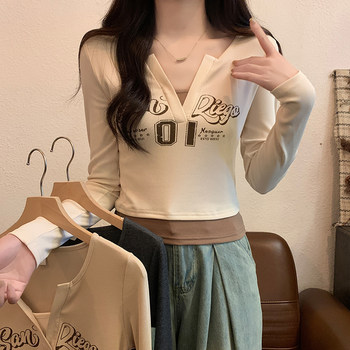 Distressed Letter Print Color-Blocked Fake Two-Piece Women's 2026 Spring New American Style Spicy Girl V-Neck Long-Sleeve T-Shirt Top