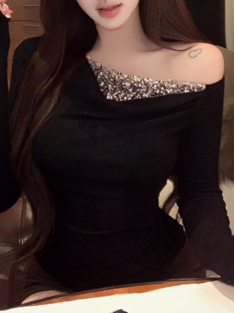 High-End Pure Desire Style Patchwork Sequin Fake Two-Piece Long-Sleeve Women's Winter New Sexy and Unique Off-Shoulder Top