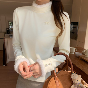 Fuzzy Patchwork Mid-Neck Fleece-Lined Long-Sleeve Base Shirt for Women, New Spring and Autumn Korean Style, Gentle Apricot Color, Slim-Fit T-Shirt Top