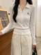 Fawn Embroidered Half-Zip Polo Collar White Long-Sleeve T-Shirt for Women, New Spring Korean Style Casual Slim-Fit Top
