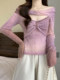Sweet Bow-Knot Cut-Out One-Shoulder Gradient Long-Sleeve T-Shirt for Women, New Spring Style, Sexy and Trendy Slim-Fit Top