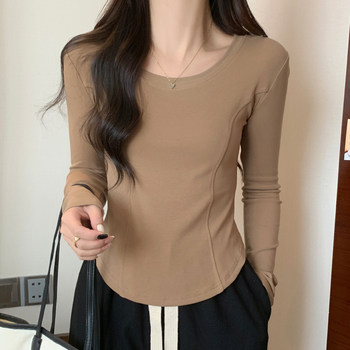 High-End Curved Fishbone Splicing Base Shirt for Women, New Spring Korean Style Slim Fit Irregular T-Shirt for Women, Long-Sleeved Short Top