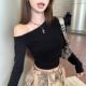 ins Hot Girl Irregular One-Shoulder Long Sleeve T-Shirt for Women, Spring New Style, Petite Slim Fit Sexy Slimming Short Top