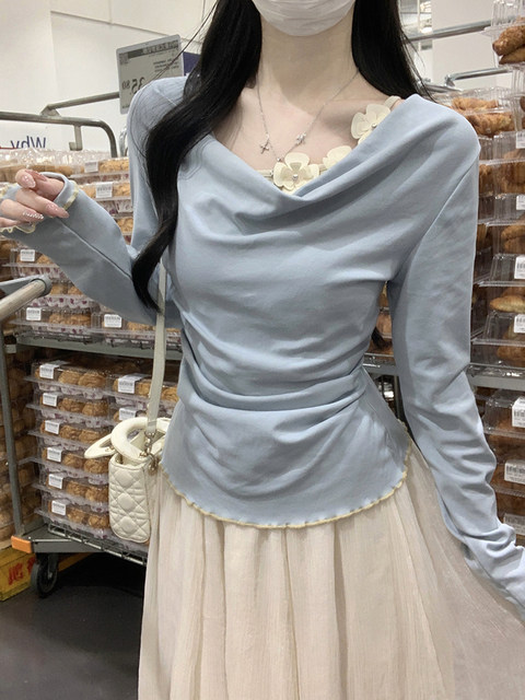 Fake Two-Piece Design with Stand Collar and Floral Decoration, Long-Sleeve T-Shirt for Women, New Spring Style with a High-End Feel, Ruffled Top