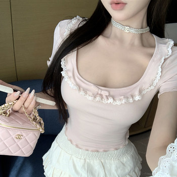 Korean-Style Sweet Lace-Trimmed Square-Neck Pink Short-Sleeve T-Shirt for Women, New Summer Model with Delicate Ruffle Edges