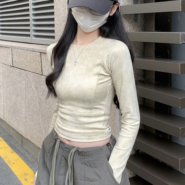 Trendy Tie-Dye Fishbone Patchwork Base Shirt for Petite Women, New Autumn Korean Style Slim-Fit Raglan Long-Sleeve T-Shirt for Women