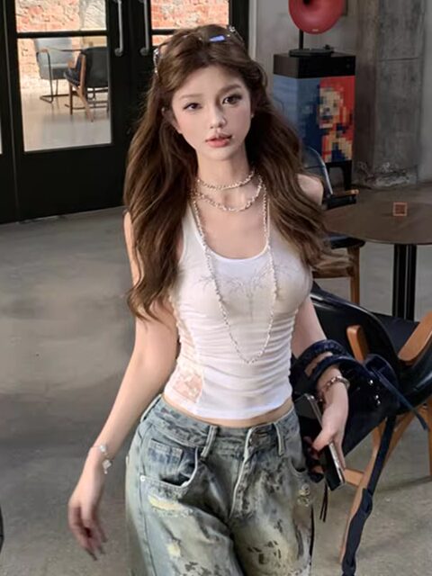 Trendy European and American Style Lace Camisole for Women, Summer New Design, Unique Print, Slim Fit, Outerwear Tank Top