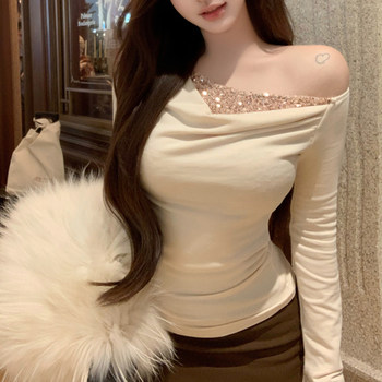 High-End Pure Desire Style Patchwork Sequin Fake Two-Piece Long-Sleeve Women's Winter New Sexy and Unique Off-Shoulder Top