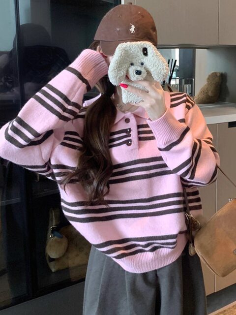 Pink Striped Polo Collar Long-Sleeved Knitwear for Women, New Winter Style, Lazy Bf Style, Casual Loose Pullover Sweater