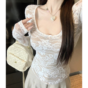 Pure and Alluring Low U-Neck Hollow-Out Jacquard Lace Top for Women, New Winter Style, Slim Fit with Curved Hem, Long-Sleeve Base Shirt