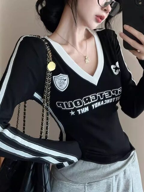 Spicy Girl Pure Desire Tight-Fitting Color-Block V-Neck Letter Print Top Women's Autumn New Slim-Fit Striped Long-Sleeve T-Shirt Short Style