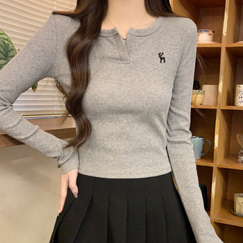 Chic V-Neck Embroidered Long-Sleeve Women's T-Shirt for Petite Figures, New Spring Slim-Fit High-Waisted Short Top