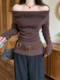 Hot Girl Style Off-Shoulder Top in Maillard Coffee Color with Belt, New Autumn and Winter Slim Fit Sexy Knitwear