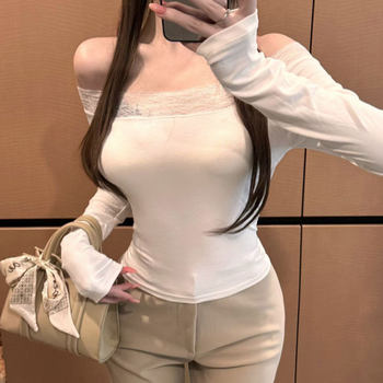Pure Desire Lace Patchwork Off-Shoulder Long Sleeve T-Shirt for Women 2025 Autumn New Sexy Slim Fit Top
