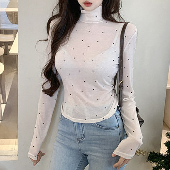 Gentle and Elegant High-Neck Polka Dot Long-Sleeve Base Shirt for Women, New Spring Style, Pure and Alluring Slim-Fit Thin T-Shirt Top