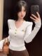 Pure Desire Hot Girl Slim Fit V-Neck Button Long Sleeve T-Shirt for Women 2025 Autumn New Style Short Chanel-Style Base Shirt