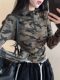 Designed Half-Zip Hooded Camouflage Long-Sleeved T-Shirt for Women, New Autumn Style, Curved Hem, Slim Fit, Sporty Top