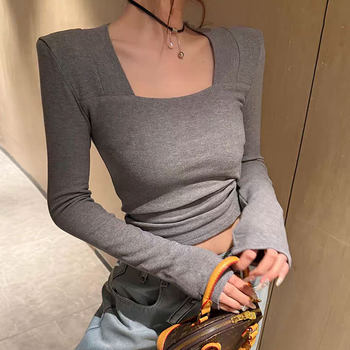 American-Style Spicy Girl Square-Neck Padded Shoulder Long-Sleeve T-Shirt for Women, 2026 Spring New Slim-Fit Sexy Base Shirt for Petite Women