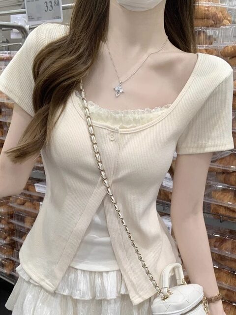 Fake Two-Piece Pure Desire Style Square Neck Lace Trim Button-Up T-Shirt for Women, New Summer Sweet and Age-Reducing Slim-Fit Short-Sleeve Cardigan