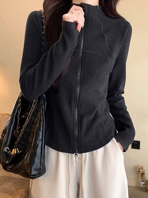 Fishbone Design Double Zipper Brushed Velvet Long-Sleeved Cardigan for Women, New Winter Casual Sports Style Stand-Up Collar Jacket