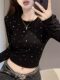 Trendy Hot Girl Rhinestone Round Neck Long-Sleeve T-Shirt for Women, New Spring Style, Petite Slim-Fit Short Base Shirt ins