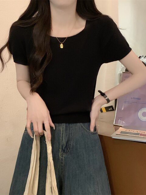 Basic High-End Gray Square-Neck Short-Sleeved Knit Top for Women, New Summer Korean Style Loose Casual Sweater for Petite Women