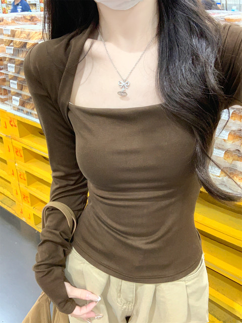 Pure Desire Style Square Neck Ruched Fingerless Coffee-Colored Long-Sleeve T-Shirt for Women, New Autumn and Winter Slim-Fit Hot Girl Fingerless Base Shirt for Women