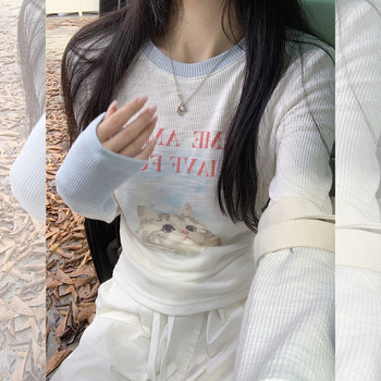 Cat Print Color-Block Round Neck Long-Sleeve T-Shirt for Women, 2026 Spring New Korean Style, Age-Reducing, Slim-Fit, Slimming Base Shirt