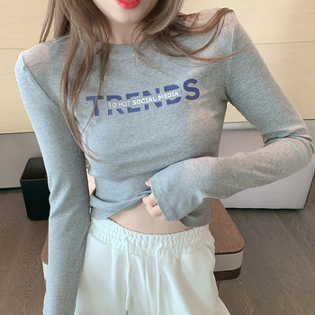 Trendy High-Waisted Ribbed Shoulder-Padded Long-Sleeve T-Shirt for Women, New Autumn Korean Style Slim-Fit Regular Shoulder Base Shirt Top Short Winter