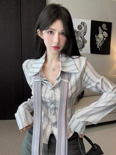 High-End Striped Long-Sleeved Shirt with Tie for Women, New Autumn Fashion, Stylish, Cinched Waist, Irregular Hem Top