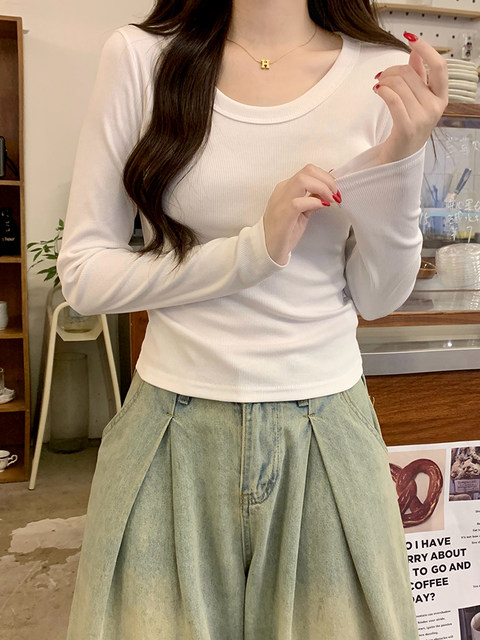Basic White Round Neck Ribbed T-Shirt for Women, Long Sleeve, 2026 Spring New Korean Style, Slim Fit, Inner Layer Top