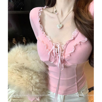 Lace-Trimmed V-Neck Tie-Up Long-Sleeve Base Shirt with Chest Pads for Women, New Winter Style, Sexy Pure Desire Style, Pink Slim-Fit T-Shirt