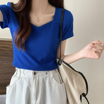 Klein Blue V-Neck Collarbone-Exposing Short-Sleeve T-Shirt for Women, Slim Fit, 2025 Summer New Korean Style, Simple and Versatile Top