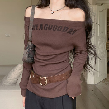 Hot Girl Style Off-Shoulder Top in Maillard Coffee Color with Belt, New Autumn and Winter Slim Fit Sexy Knitwear