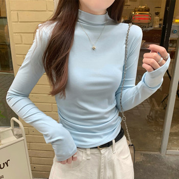 Half-High Collar Slim Fit Pleated Design Long-Sleeve Base Shirt for Women, New Autumn Korean Style Fresh Blue Short Top