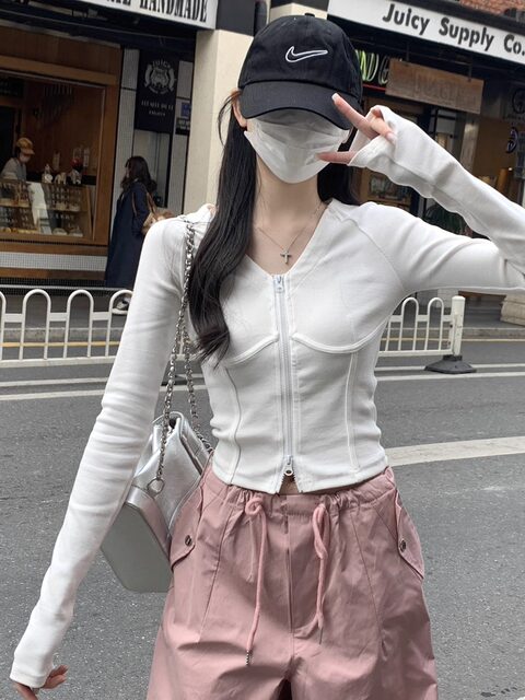 Slim-Fit Raglan Long-Sleeve V-Neck Double-Zip Cardigan for Women, New Autumn Korean Style Spicy Girl Fishbone Waist-Cinching Short Top