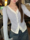 Sweet Bow V-Neck Long-Sleeve Faux Two-Piece Women's Design with Contrasting Colors, New Spring Slim-Fit Short Top