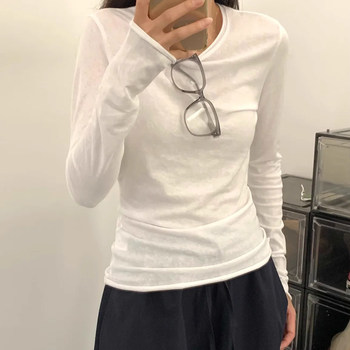 White Snowflake Cotton Thin Long-Sleeved Sun Protection T-Shirt for Women, New Spring Korean Style Simple Round Neck Rolled Edge Design Top