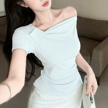 Elegant Twisted Collar White Short-Sleeve T-Shirt for Women, Summer New Design with Pleated Slim Fit and Unique Draped Collar Top