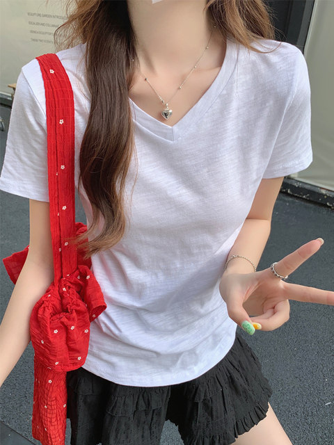 Basic White V-Neck Bamboo Cotton Short-Sleeved Women's T-Shirt, New Summer Korean Style, Loose and Breathable, Regular Shoulder Half-Sleeve T-Shirt for Women