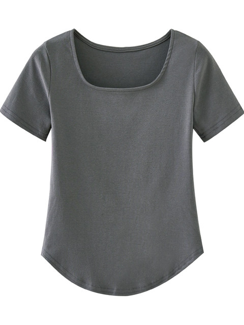 Chic U-Neck Curved Hem Slit Short-Sleeve T-Shirt for Women, Black, New Summer Korean Style Irregular Top, Short T-Shirt