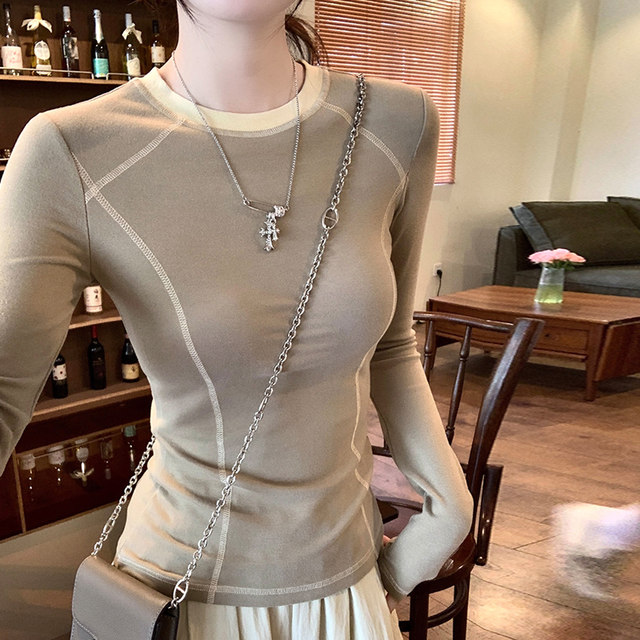 Chic and Clever Design with Exposed Stitching, Waist-Cinching Base Shirt for Women, New Autumn and Winter Slim-Fit Hot Girl Style, Regular Shoulder Long-Sleeve T-Shirt for Women ins