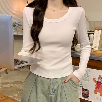 Basic White Round Neck Ribbed T-Shirt for Women, Long Sleeve, 2026 Spring New Korean Style, Slim Fit, Inner Layer Top