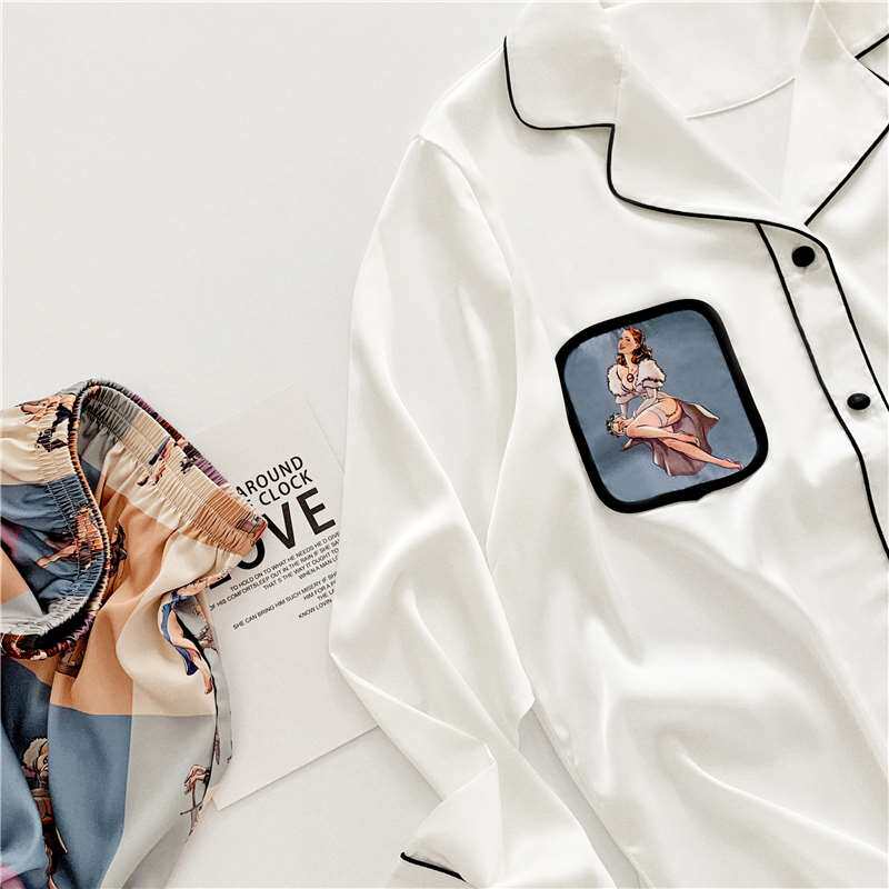 Mulberry silk pajamas female ins spring and autumn sexy thin section printed silk long-sleeved trousers loose home service suit