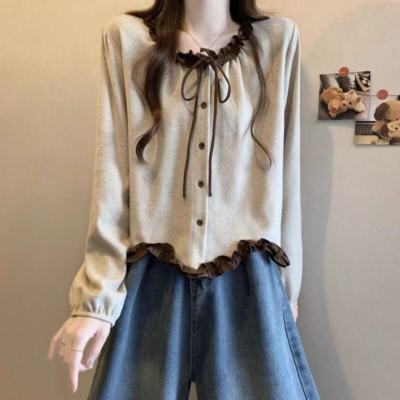 Autumn 2026 New Popular French-Style Chic Color-Block Ruffled Blouse for Women, Long-Sleeved Short Top with a High-End Feel