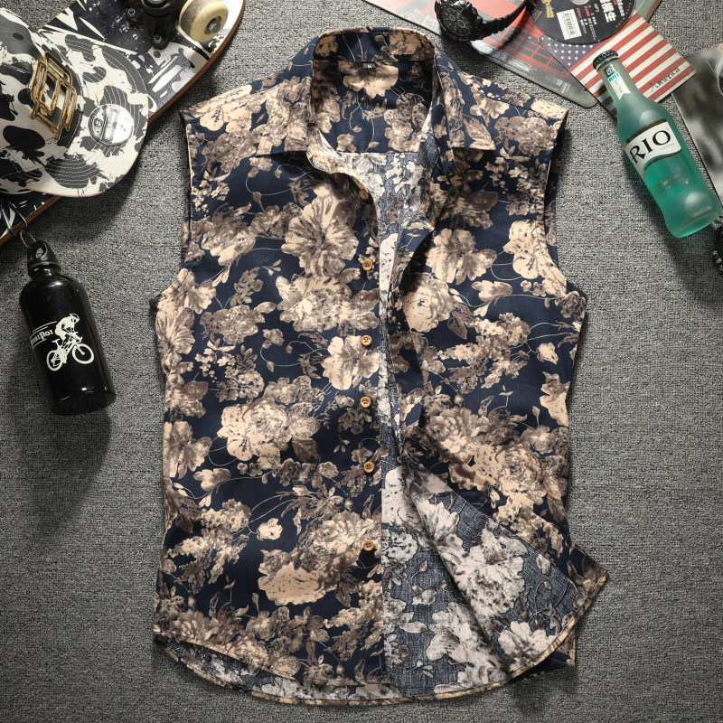 Summer Thin Outdoor Breathable Sleeveless Shirt Men's Fashionable Slim-Fit Korean Style Hong Kong and Macau Personalized Floral Vest